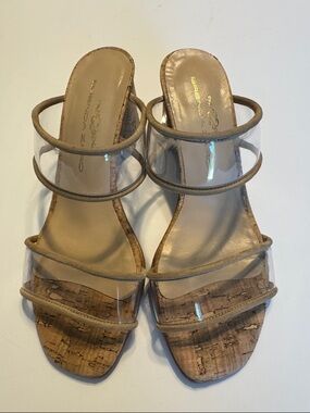Brenda Zaro Clear Strap Cork Slide Heels in Tan